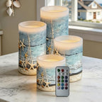 Flickering Flameless Candles 4 Pieces Set, LED Pillar Candles with Timer Battery Operated Tea Lights for Coastal Decor, Beach Starfish with Blue Wood Grain by NETILGEN