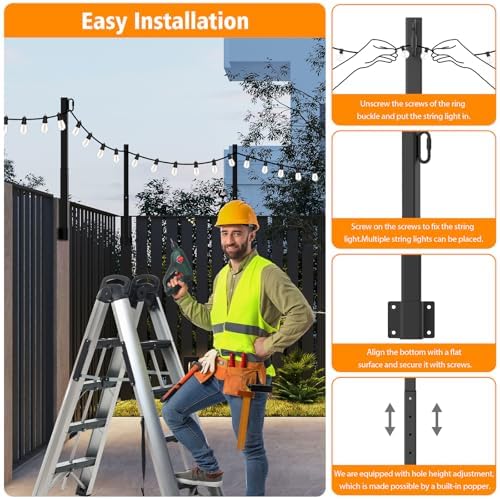 LETIANPAI 2.8Ft String Light Poles 4 Pack,Light Poles for Outside Lights,Outdoor with Fence Brackets Hanging Lights,Metal Stand Deck Patio Backyard - Image 6