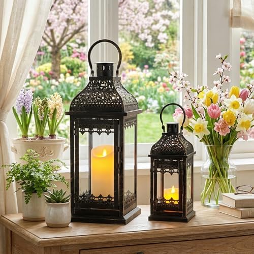 JHY DESIGN 13''&19.5''H Decorative Candle Lanterns Set of 2 Vintage Hanging Lantern Metal Candle Holder for Garden Living Room Indoor Outdoor Parties Weddings Balcony(Black with Gold Brush) by JHYDESIGN
