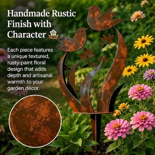 Rustic Bird & Flower Metal Garden Stake, Yard Art Gift, 17.71in - Image 4