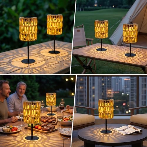 2PCS Solar Table Lamps Outdoor, Rattan Solar Lanterns Outdoor, Waterproof Wicker Lanterns Outd-oor, Rechargeable Table Top So-lar Lights LED Boho Lant-erns Out-Door for Balcony Patio Yard Lawn - Image 7