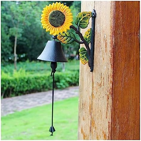 Heavy Duty Cast Iron Wall Bell - Decorative Retro Style Sunflower Hand Bell - Manually Shaking Wall Hanging Doorbell - Indoor Outdoor Wall Mounted Dinner Bell - Garden Home Wall Decoration by SKIHOT