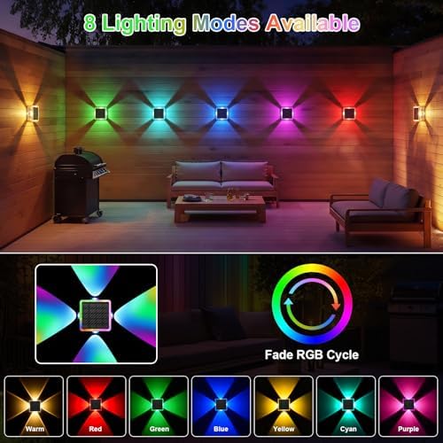 AUDLES Solar Lights Outdoor Waterproof, 4-Sided Glow Solar Wall Lights, Warm White & RGB 8 Modes Color Changing Solar Fence Lights for Doorway Patio Deck Backyard-8 Pack - Image 2