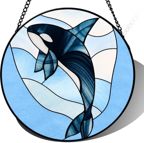Orca Whale Stained Glass Suncatcher Window Hanging Blue Ocean Art Glass Decor for Home Patio Birthday for Her Him Marine Animal Lovers Window Decor 9.8 Inch by Unknown