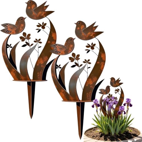 Rustic Bird & Flower Metal Garden Stake, Rusty Paint (2, 17.7) by Unknown