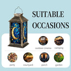 Solar Lantern Moon Stars Stained Glass Window Shades Blue Gold Outdoor Waterproof Garden Hanging Lantern Solar Powered Lighting Outside Table Lamp for Patio Deck Camping 1 Pack - Image 5