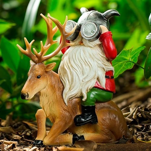VChymm Garden Gnome Statues Resin Gnome Sitting On Deer Statues Solar Lights Outdoor Telescope Gnome Gifts for Yard, Patio Decor Gift (Deer Gnome) by VChymm