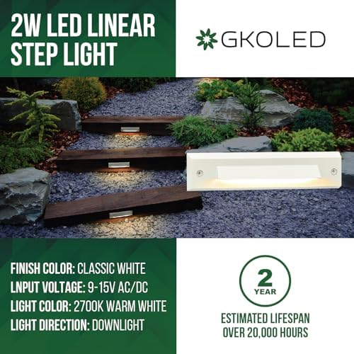 GKOLED 6-Pack Low Voltage 12V AC/DC LED Linear Step Lights, 2W Landscape Lighting, Outdoor Waterproof Accent Lighting Fixtures, Die-cast Aluminum with Classic White Powder Coated Finish - Image 2