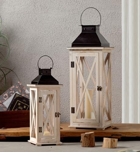 TIMRIS Large Wooden Candle Lanterns Decorative Set of 2, Rustic Farmhouse Whitewash Floor Lanterns, Indoor/Outdoor Hanging Lanterns for Home Decor (No Glass) - Image 3