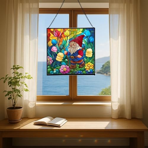 Gnome in Marshmallow Garden Stained Glass Suncatcher – Square Hanging Window Panel for Home or Greenhouse – Whimsical Glass Art Gift for Garden Lovers, Christmas, Halloween, Father Days kCb0rI - Image 6