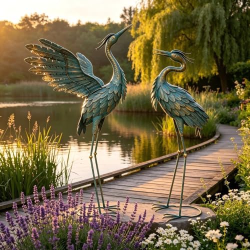 Crane Statues for Outdoor, Metal Heron Garden Statues Bird Yard Art - Image 4