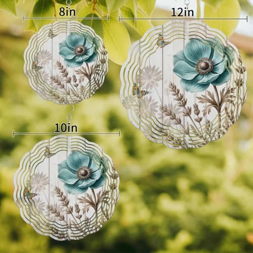 10 Inch Teal Vintage Floral Wind Spinner for Yard and Garden, Retro Flowers Wooden Butterfly Hanging Ornaments Outdoor 3D Kinetic Wind Sculpture Spinners Indoor Outdoor Patio Décor Ornaments Gift - Image 3