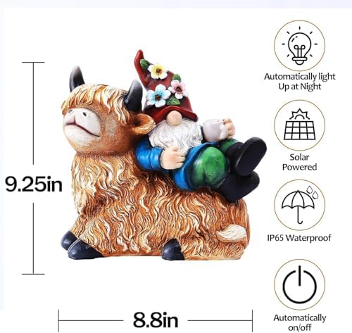 Pohabery Garden Gnomes Decor Outdoor Statues Gnome on Highland Cow Hold Solar Cup Light Outdoor Decorations for Patio,Yard and Gift for Mom（L - Image 2