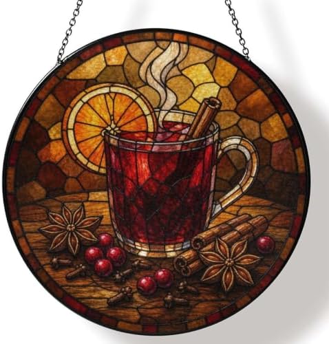 Mulled Wine Cinnamon Stained Glass Suncatcher 9.8" Colorful Window Hanging Ornament, Retro Sun Catcher Decor with Chain for Home Wall Garden Birthday Christmas Mothers Day by FeHuew