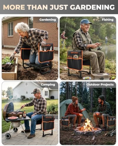 KVR Garden Kneeler and Seat with 2 Tool Pouches, Heavy Duty Foldable Gardening Stool, Portable Bench with Thick EVA Foam for Knee Support, Gifts for Seniors, Black/Orange - Image 7