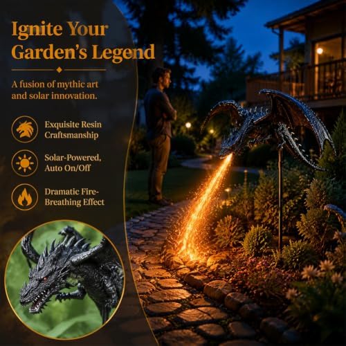 Solar Dragon Fire Garden Stake Light, Gothic Fantasy Solar Powered Lawn - Image 4