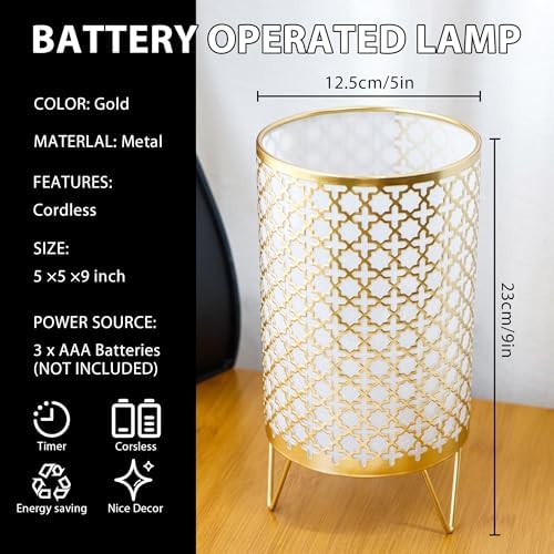 TRIROCKS Set of 2 Battery Operated Lamp 9'' High Cordless Table Lamp Battery Powered Lanterns with 6H Timer for Home Living Room Weddings Parties Patio Events Outdoors Indoors Shelf(Gold) - Image 3