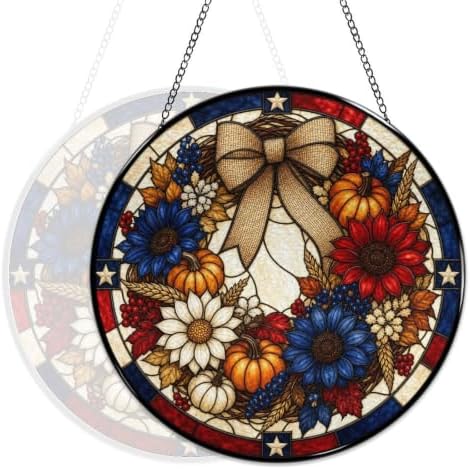 Fall Patriotic Wreath Stained Glass Suncatcher 11.8" Colorful Window Hanging Ornament, Sun Catcher Decor for Bathroom Front Door Living Room Home Wall Garden - Image 5