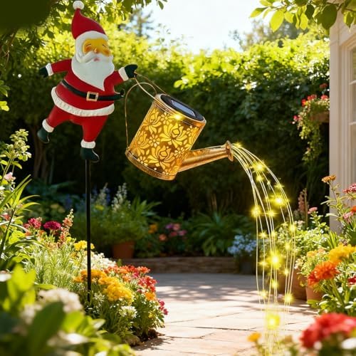 Christmas Solar Kettle Lights Garden Lawn Decorative Lights, Hanging Metal Solar Santa Claus Watering Can Light, Twinkling Santa Kettle Lights for The Season, for Pathway Yard Patio (Colored*2) - Image 4