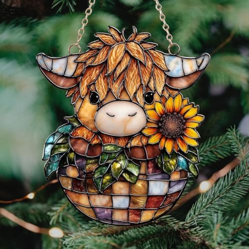 Sunflowers and Highland Cow Tiffany Acrylic Suncatcher - Image 4