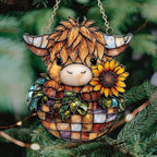 Sunflowers and Highland Cow Tiffany Acrylic Suncatcher - Image 4