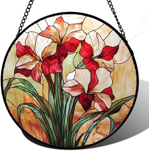 Red Flowers Green Leaves Stained Glass Window Hanging Suncatcher Gifts 9.8" by Follow