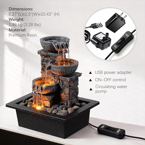 Kalona Tabletop Waterfall Fountain 3 Bowls with LED Light, Soothing Water Flow Sound, Zen Meditation Decor for Home and Office, Relaxation Water Fountains Indoor (23113) - Image 3