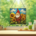 Sunflower Field Gnome Stained Glass Suncatcher – Square Hanging Window Panel for Home or Greenhouse – Whimsical Glass Art Gift for Garden Lovers, Christmas, Halloween, Father Days MDadjk - Image 2
