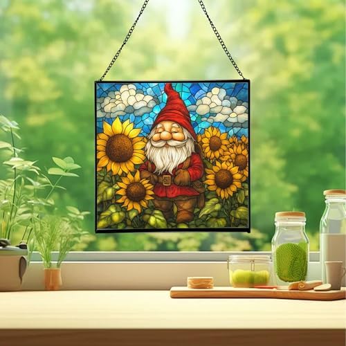 Sunflower Field Gnome Stained Glass Suncatcher – Square Hanging Window Panel for Home or Greenhouse – Whimsical Glass Art Gift for Garden Lovers, Christmas, Halloween, Father Days MDadjk - Image 2