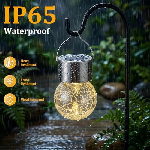 Hanging Solar Lights Outdoor Garden, 12 Pack Cracked Glass Hanging Ball Lights with Handle, IP65 Waterproof Outdoor Lanterns Decorative Globe Lights for Garden Yard Tree Balcony Patio Gazebo - Image 3