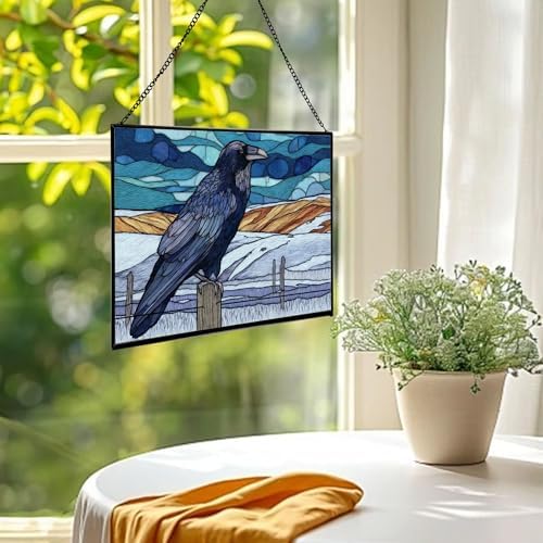Raven Sitting on Frosted Fencepost Rectangular Stained Glass Suncatcher – Hanging Window Panel with Animal & Nature Scene – Vibrant Glass Art Gift for Wildlife, Fantasy, Nature Lovers U61mJ6 - Image 2