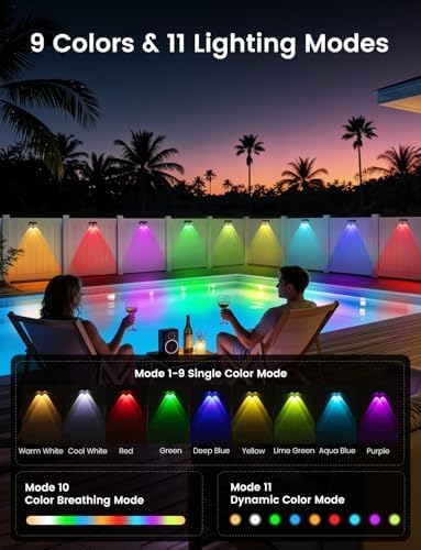 Solar Fence Lights 8 Pack 9 Colors & 11 Lighting Modes Solar Wall Lights Outdoor Waterproof IP65 RGB Color Changing Fence Lights Solar Powered for Garden Yard Patio Deck Step Patio Wall - Image 2