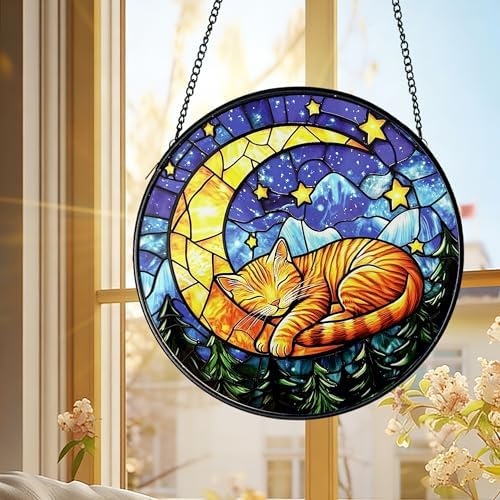 Cat Stained Glass Suncatcher Window, Cat Sun Catchers Indoor Window, Suncatcher for Mom/Women (Moon Sleeping) - Image 2