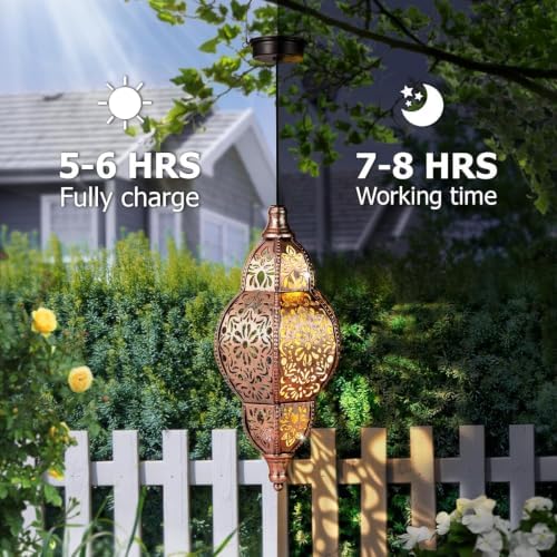 Hanging Solar Lantern Outdoor Decor 2Pack, 9.5In Moroccan LED Lights for Outside Garden Decorations, Waterproof Solar Lanterns Garden Gifts for Mom, Women, Patio, Yard (Copper) - Image 4