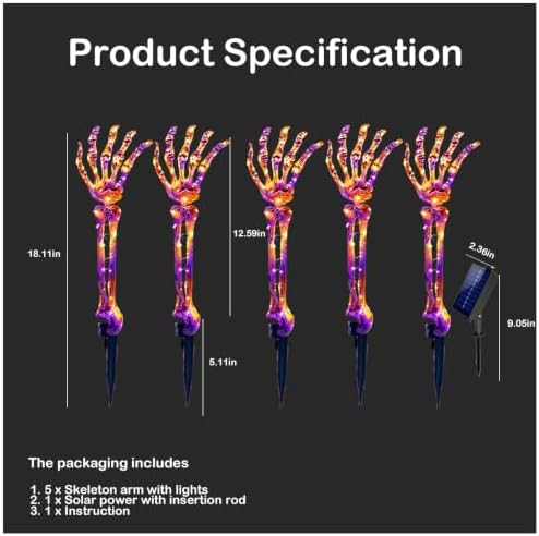 Solar Halloween Pathway Lights Outdoor - 5Pack Lighted Skeleton Arm for Outdoor Walkway Yard Garden Decorations, 250 LEDs Purple and Orange Halloween Solar Pathway Stake Lights Decor, 8 Modes - Image 6
