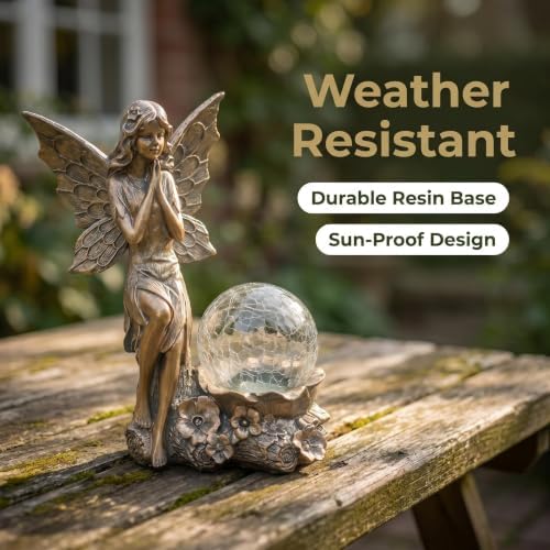 Solar Fairy Outdoor Statues with LED Crackle Glass Ball Garden Decor, Resin Fairy Sculpture & Statue for Patio, Yard, Lawn Decoration, Copper Bronze Angel Statues with Solar Flower Lights Accessories - Image 2