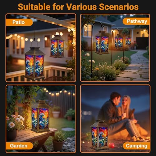 Solar Lantern Outdoor Waterproof Stained Glass Style Ocean Waves Vibrant Sunset Sky Garden Decor LED Hanging Solar Lights Tabletop Lamp Gifts for Women Mom Outside Yard Patio Porch - Image 6