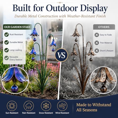 Triple Bluebells Garden Stake、Metal Garden Stake、Wind Chimes Yard Decor、Flamed Copper Decor、Rustic Farmhouse、Outdoor Lawn Patio Decor、Garden Gifts for Gardeners (1pcs Blue) - Image 6