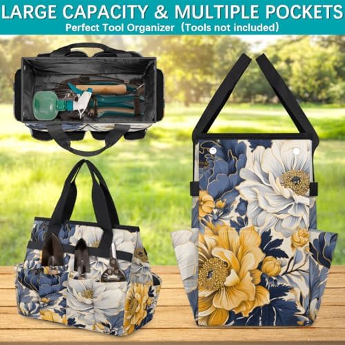 Navy Blue Floral Garden Tool Bag Organizer Heavy Duty Yellow Flowers Gardening Tote Bag with 10 Pockets for Women Men Gardening Gifts - Image 4