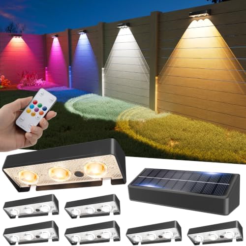 JOFIOS Solar Fence Lights Outdoor with Remote, 8 Pack, 9 Fixed Colors ＆ Color Changing Fence Lights Solar Powered Waterproof IP65 Dusk-to-Dawn LED Deck Lighting for Patio, Railing by JOFIOS