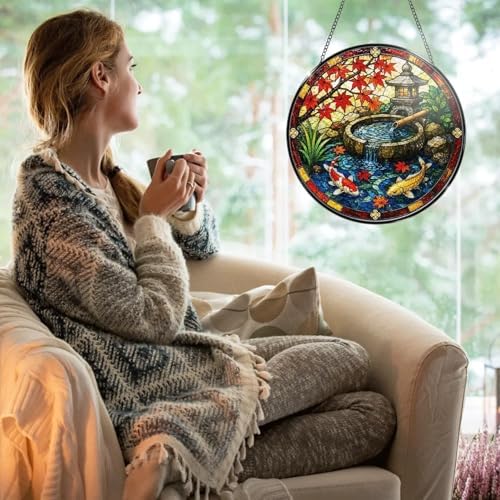 Stained Glass Window Hanging Japanese Koi Pond Maple Leaves Garden Lantern Sun Catchers Tranquil Zen Water Fountain Japanese Style Suncatchers for Home Porch Garden Indoor & Outdoor Decor (9.8x9.8 IN) - Image 2