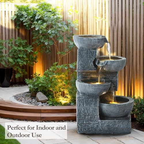 4 Tiered Waterfall Fountains, Outdoor Water Fountains with LED Lights, Garden Outside Brick Waterfalls, Modern Cascading Flow Fountain for Garden, Yard, Patio, Home Decor (Grey) - Image 3