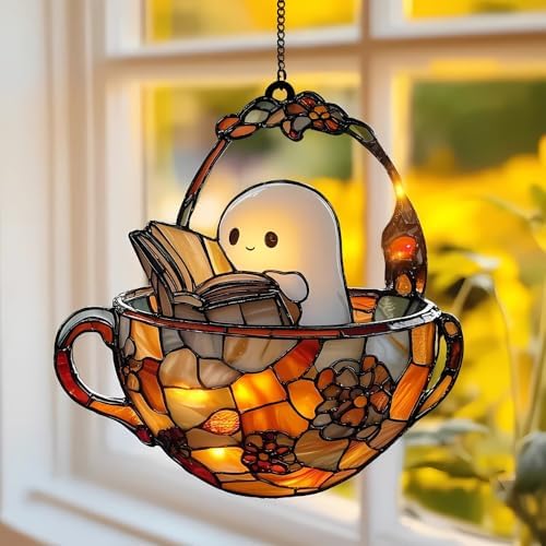 Reading Ghost Teacup Acrylic Suncatcher Size 8 inches, Bookish Stained Glass Effect Window Hanging Ornament, Garden Decor, Gift for Book Lover Reader Bookworm by XISZYS