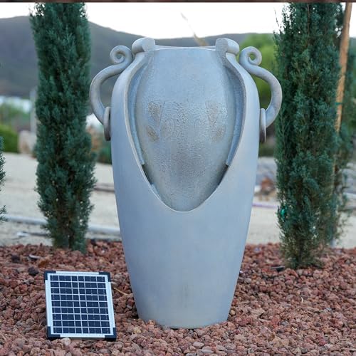 XBrand 34" Solar Pot Fountain, Amphora-Inspired Design, Outdoor Water Fountain, Polyresin, Gray - Image 4