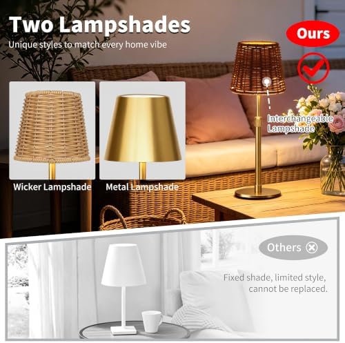 Mr.White Outdoor Waterproof Rechargeable Cordless Table Lamp with Telescopic Pole & Wicker Shade, Battery Operated Table Light with Touch Control, for Patio Restaurant Kitchen (Gold 1 Set) - Image 4