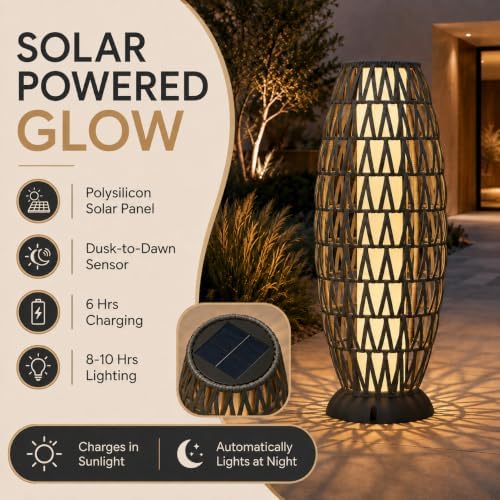 Solar Yard Outdoor Solar Floor Lamp Wicker Boho Lantern, Waterproof Outdoor Lamps for Patio Deck Yard, Oslo Silver Black - Image 4