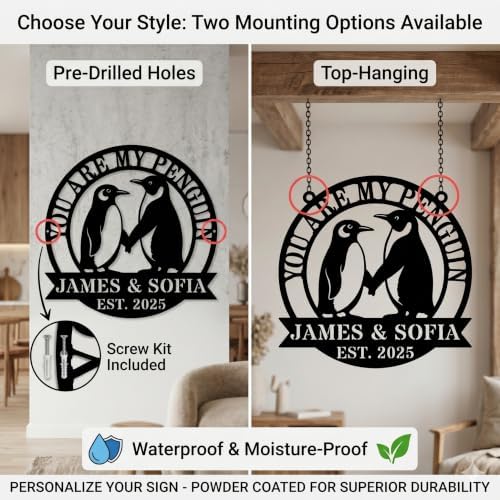 Personalized Penguin Metal Sign，Personalized Valentines Day Gifts，Custom Name Wall Fence Yard Patio, Home Office Decor， Metal Wall Art Decor,Home Metal Signs Plaques,Outdoor wall Decorative Signage12 - Image 3