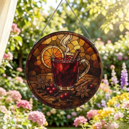 Mulled Wine Cinnamon Stained Glass Suncatcher 9.8" Colorful Window Hanging Ornament, Retro Sun Catcher Decor with Chain for Home Wall Garden Birthday Christmas Mothers Day - Image 2