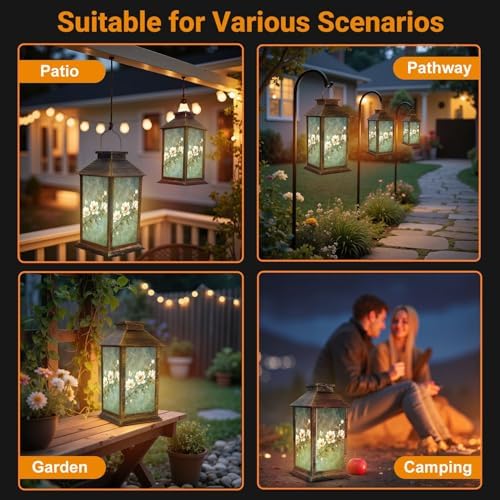 Solar Lantern Outdoor Waterproof Vintage Green Blue Leaf White Magnolia Floral Forest Flowers Branches Garden Decor LED Solar Lights Hanging/Tabletop Lamp Gifts for Women Mom for Outside Yard Patio - Image 6