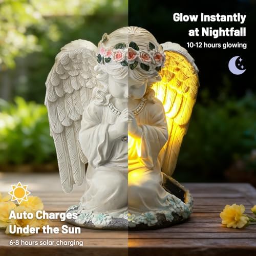 Solar Angel Garden Statue, Outdoor Decor, Cemetery Decorations for Grave – Praying Angel Figurines with LED Light for Outdoor Lawn, Yard, Patio Decor, Memorial Gifts for Women, Mom and Grandma - Image 4